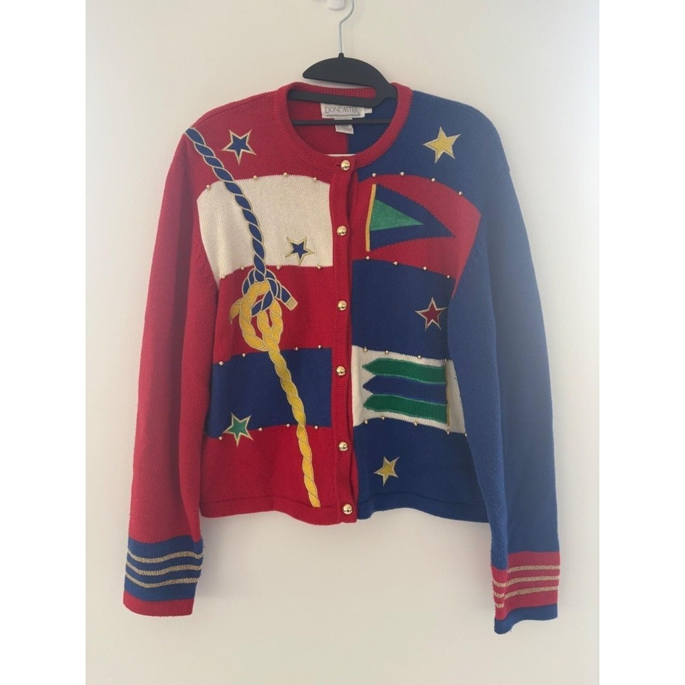 Vintage Women's‎ Large Doncaster Nautical Themed Cardigan Sweater Anchor Stars